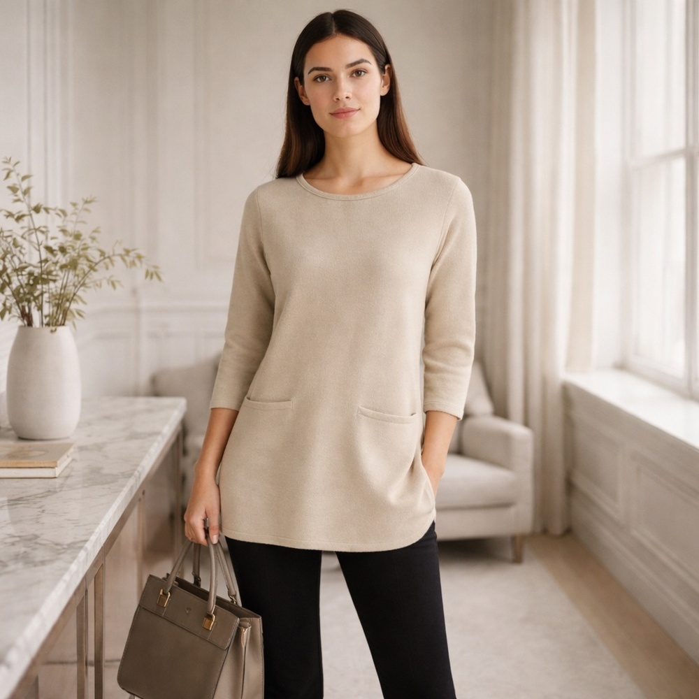 BYLYSE SPENARD Cream Cotton Modal Pocket Tunic Top‎ Quiet Luxury XS - Picture 5 of 16